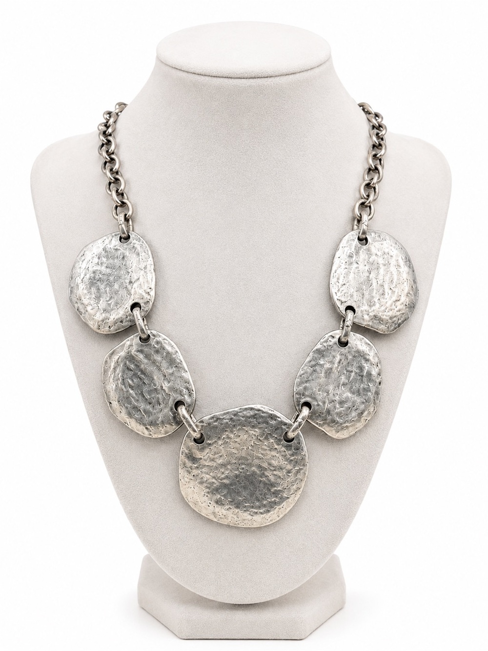 Textured Disc Statement Necklace in Antiqued Silver